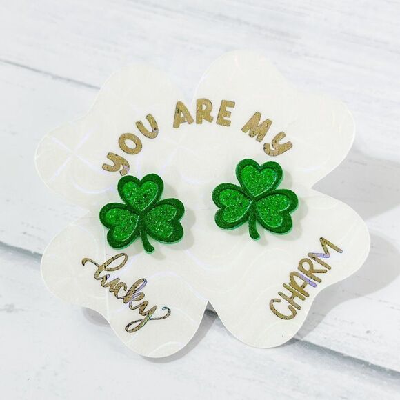 Shamrock Earrings-3 Leaf Clover Stud-St Patricks Day Earrings-Sparkly Green Stud - Picture 1 of 8